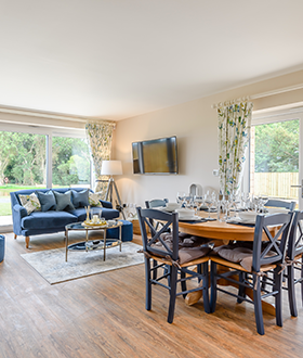 Open plan living space at Butterfly Barn with blue sofas and blue dining chairs